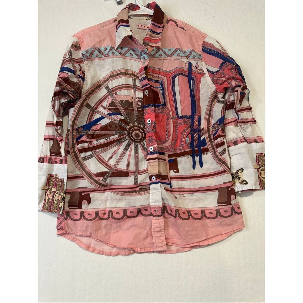 Tizzie Pink Equestrian Carriage Print Button Front Cotton Shirt Size Small